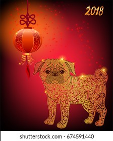 Yellow dog is the symbol of the Chinese New Year 2018. Vector illustration with lantern for calendar.