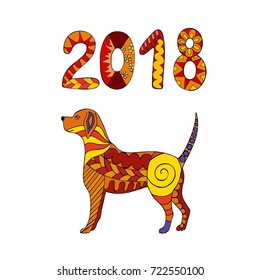 Yellow dog is a symbol chinese new year 2018. Abstract pattern. Doodle style.