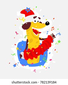 Yellow dog is the symbol of Chinese New Year. Vector flat illustration of a dog with an accordion. The image is isolated from the background. The holiday mascot sticker.