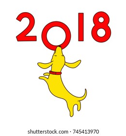 Yellow dog, symbol of new year 2018 in Chinese calendar. Dachshund puppy jumping and biting zero symbol. Vector illustration, logo, icon