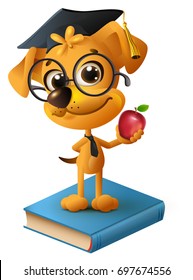 Yellow dog teacher holding red apple. Isolated on white fun vector cartoon illustration