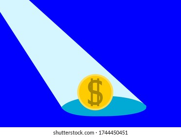 yellow dollar coin in blue light on dark blue background .business money fine successful .