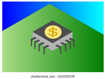 yellow dollar coin on chip cpu green background vector eps 10