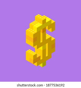 Yellow dollar sign assembled from plastic blocks in isometric view. Pop art style vector lego illustration