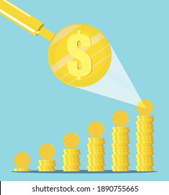 Yellow dollar symbol, magnifying glass magnifying glass and looking at money mountain to zoom vector illustration. Looking at the Business Growth peak and Startup concept.