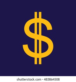 Yellow dollar vector icon. Blue background