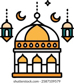 Yellow dome mosque with lanterns symbolizing Ramadan spirituality and peace.