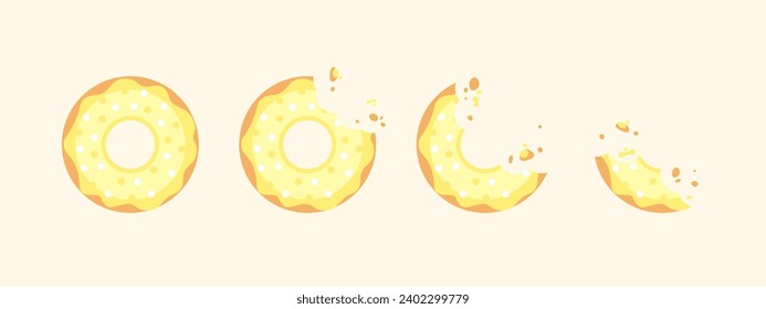 Yellow Donut illustration vector, Sweet lemon Donuts with sour sprinkles. Break time with donuts. Top view in isolated background. Bite off food in cafe.