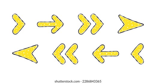Yellow doodle arrows. Hand-drawn arrows with different textures. Vector scalable graphics