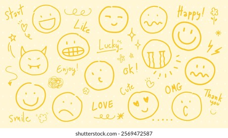 Yellow doodle faces with various expressions like happy, sad, and surprised. Cute and playful, these smiley faces convey emotions and joy. Colorful typography vector set.