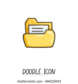 Yellow doodle folder icon with paper. Business or desktop symbol.