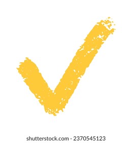 Yellow doodle hand drawn check mark isolated on white background. Minimalistic pastel color element, checklist, approval mark.