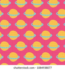 Yellow doodle planet in pink background. A playful, modern, and flexible pattern for brand who has cute and fun style. Repeated pattern. Happy, bright, and magical mood.