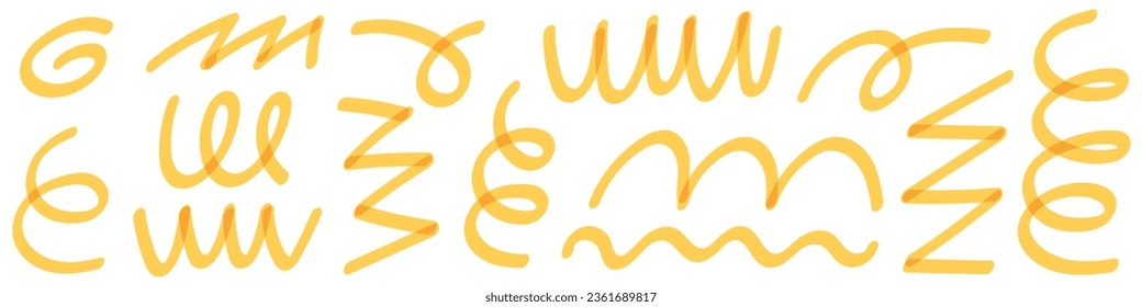 yellow Doodle spirals with abstract lines, with brush and markers. Hand drawn textures and spiral elements form icon set. Flat vector illustration isolated on white background.