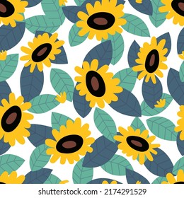 Yellow doodle sunflower on leaves. Flowers and leaf seamless pattern design. Abstract floral nature vector background, fashion print template