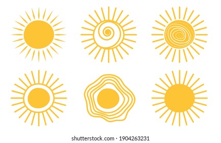 Yellow doodle sunshine logo icon sun. Warm star drawing set. Hot sun doodle summer scribble hand drawn sunshine vector illustration isolated white