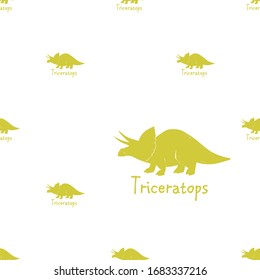 Yellow doodle triceratops dinosaur seamless pattern. Simple design for kindergarten decoration. Cartoon monster vector illustration.