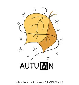 Yellow doodle typography poster with leaf. Cartoon cute card on natural theme with lettering text. Hand drawn autumn vector illustration isolated on white background