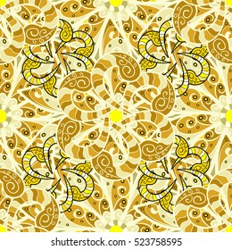 Yellow doodles background. Curls. Beige. Vector illustration.