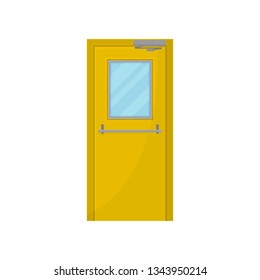 Yellow door with glass on white background.