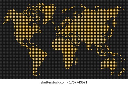 yellow dots of digital display on black  background,dotted world map,vector and illustration