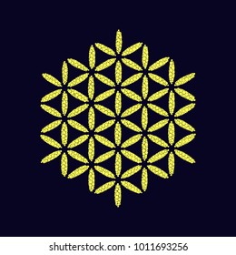 Yellow dots flower of life symbol on dark blue background,abstract colorful sacred geometry,pattern of dots.