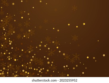 Yellow Dots Vector Brown Background. Golden Glitter Stars Postcard. Xmas Snowflake Pattern. Christmas Snowstorm Banner.