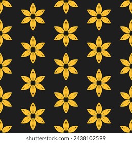 Yellow dotted flowers on black background. Vector seamless pattern. Best for textile, wallpapers, wrapping paper, package and your design.
