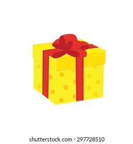 yellow dotted gift box, tied with red ribbon