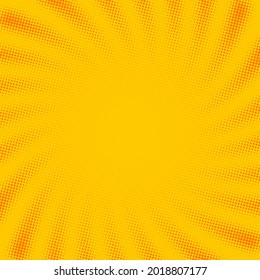 Yellow dotted halftone spiral sunbeams background. Vector pop art illustration.