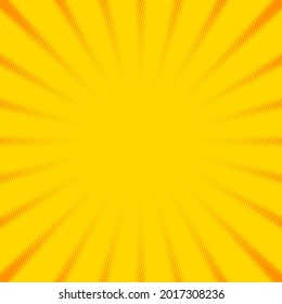 Fondo de las vigas de sol de medio tono con puntos amarillos. Ilustración de arte pop vectorial.