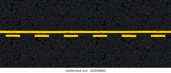 Yellow dotted and solid highway traffic marks lines on tarmac road top view. Vector illustration. Background with old paint texture on asphalt surface. Roadway seamless pattern. Straight driveway