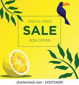 Yellow dotted texture with parrot bird, lemon slice and green leaf. Sale banner template design. 50% Big sale special offer. Special offer banner for poster, flyer, brochure. Vector illustration.