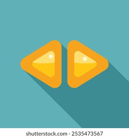 Yellow double backwards button icon in flat style with long shadow on a turquoise background