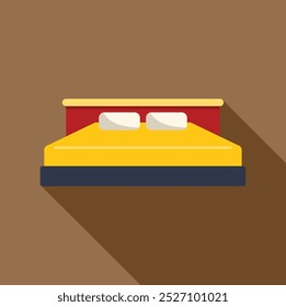 Yellow double bed with two pillows casting a long shadow on a brown background
