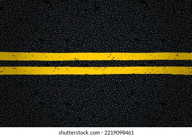 Yellow double line on tarmac road top view. Highway traffic mark vector illustration. Background with old paint texture on asphalt surface. Roadway seamless pattern. Straight urban driveway