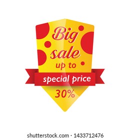 Yellow down arrow with red folded ribbon. 30% Sale banner template design. Big sale special offer. Special offer banner for poster, flyer, brochure, sticker. Red ribbon vector illustration.