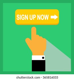 Yellow Download Now Button With Pointing Hand On Green Background. Flat Illustration. Sign Up Icon.
