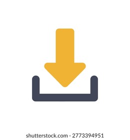Yellow downward arrow pointing into a dark blue container symbolizing download or transfer of data in a minimalist flat design style