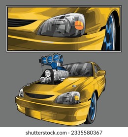 yellow drag race illustration isolated in black background for poster, t-shirt, graphic design, business element and card