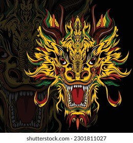 A yellow dragon with big eyes and a red nose.