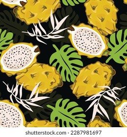 Yellow dragon fruit seamless pattern on a black background with exotic leaves. Perfect for wallpaper, food wrapping paper, fabric, background etc