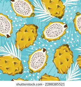 Yellow dragon fruit seamless pattern on a blue background with exotic leaves. Summer background for wallpaper, food wrapping paper, fabric, background etc