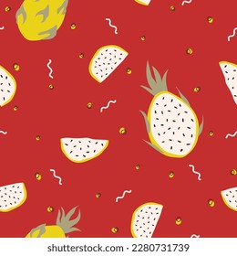 Yellow dragon fruit vector seamless pattern. Perfect for wallpapers, pattern fills, web page backgrounds, surface textures, textile. Illustration of exotic tropical pitayas.