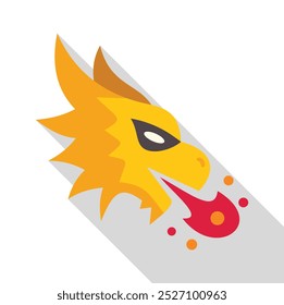 Yellow dragon head breathing fire with long shadow on white background