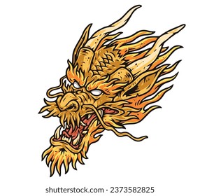 Yellow dragon head colorful logotype with traditional mascot of eastern peoples with wild look and sharp teeth vector illustration