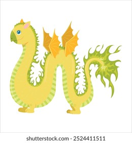 Yellow dragon with wings. Cute fairy tale animal. fantasy Character of children's books. Dinosaur. Vector illustration on a white background.