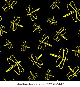 Yellow dragonflies on black background, seamless pattern