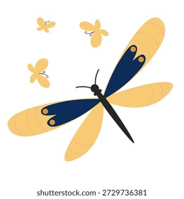 Libélula amarilla con patrón azul en sus alas. Mariposa de verano. Ilustración de insecto de primavera. Hermosas polillas tropicales de verano dibujadas a mano. Estilo plano.