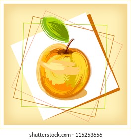 Yellow drawing apple with green sheet - sketch